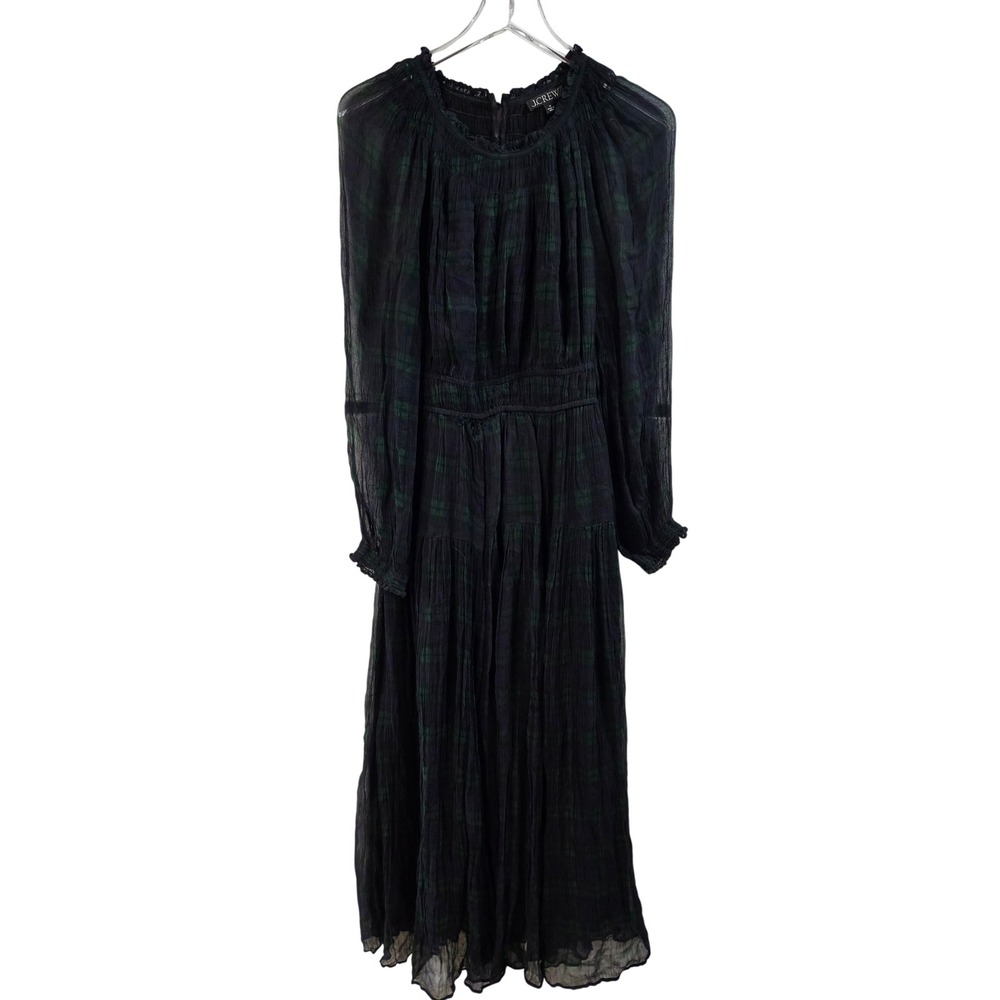 J.Crew Black Watch Plaid Cupro‎ Midi Dress Womens M Green Navy Smocked Tiered
